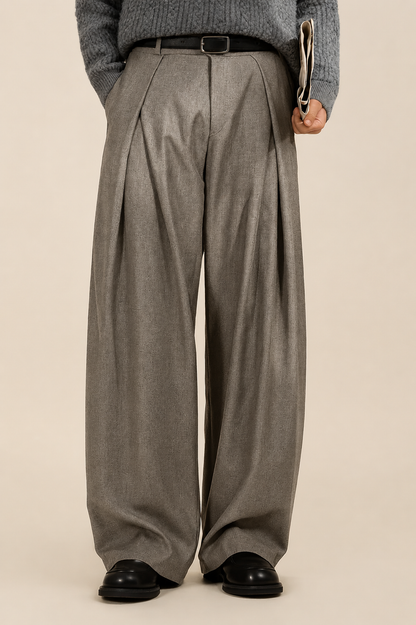 Heren Pantalon met Hoge Taille, Dubbele Plooien en Wide Leg
