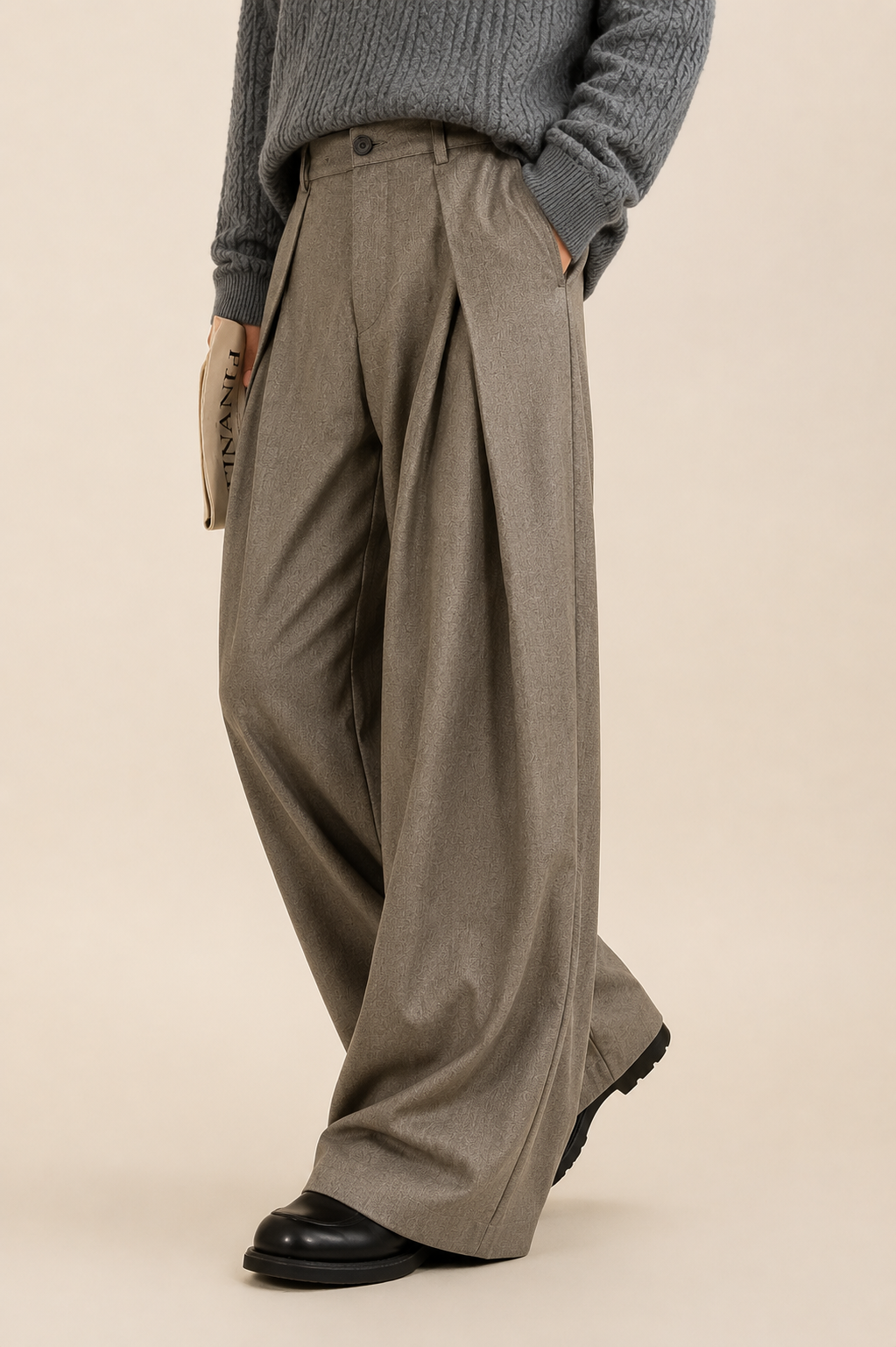 Heren Pantalon met Hoge Taille, Dubbele Plooien en Wide Leg