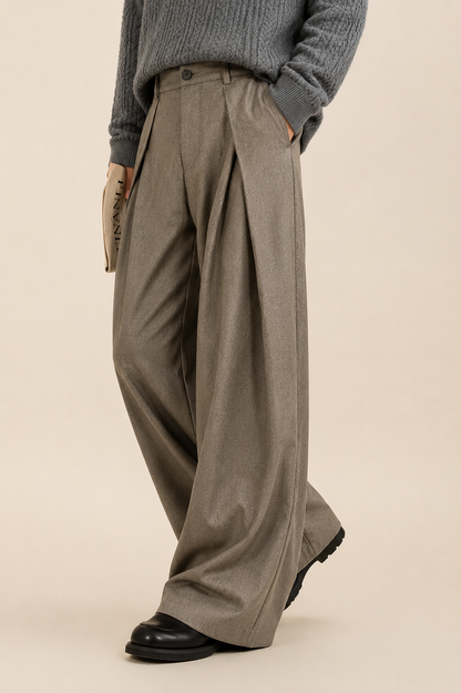 Heren Pantalon met Hoge Taille, Dubbele Plooien en Wide Leg