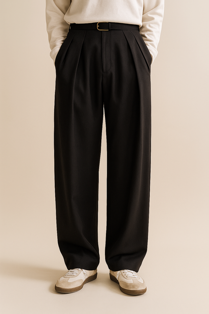 Heren Pantalon met Hoge Taille, Dubbele Plooien en Wide Leg Zwart