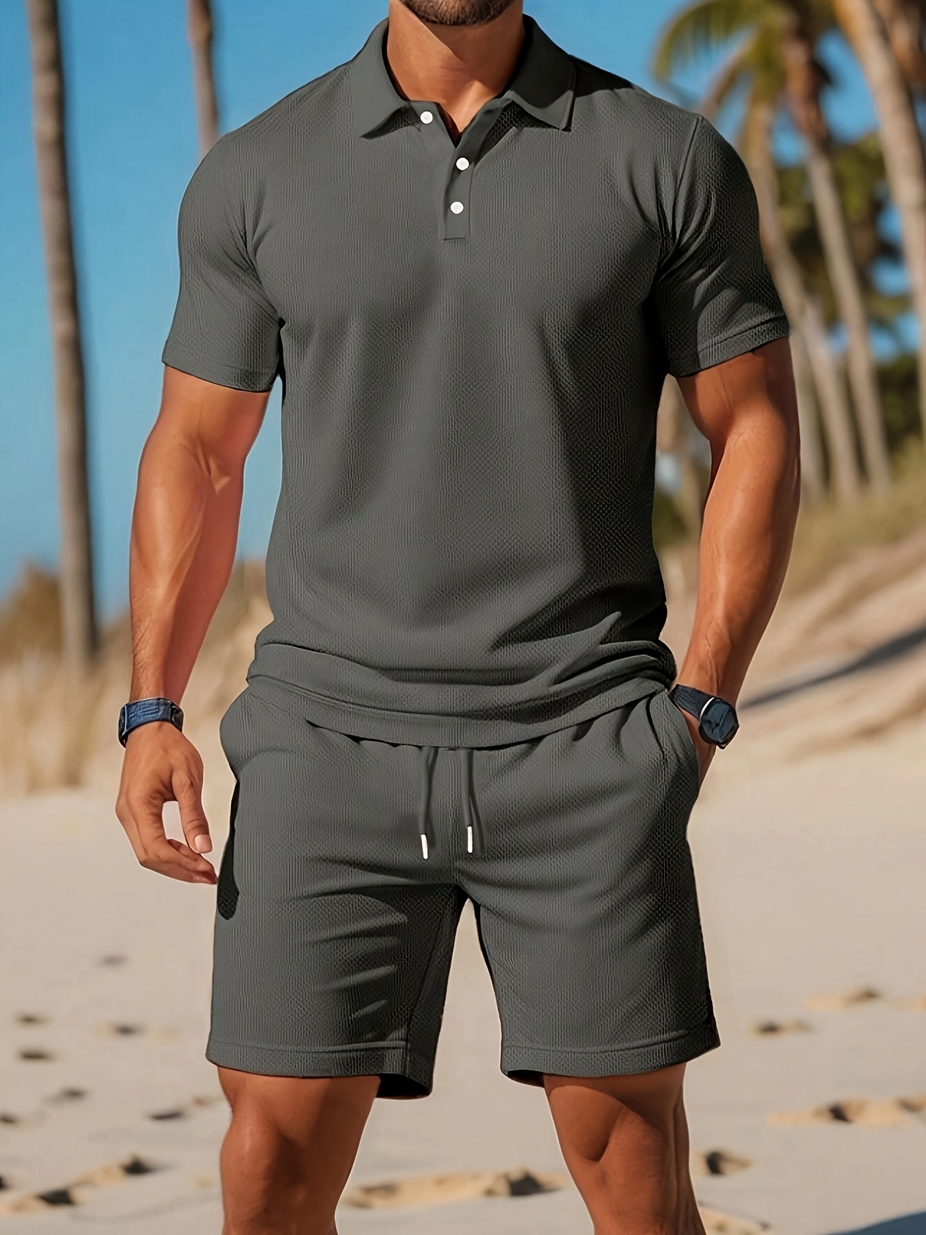 Heren Polo en Korte Broek Set met Polokraag en Trekkoord Donkergrijs