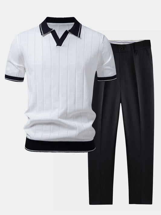 Heren Polo Korte Mouw en Getailleerde Broek Smart Casual Set met V-hals Wit