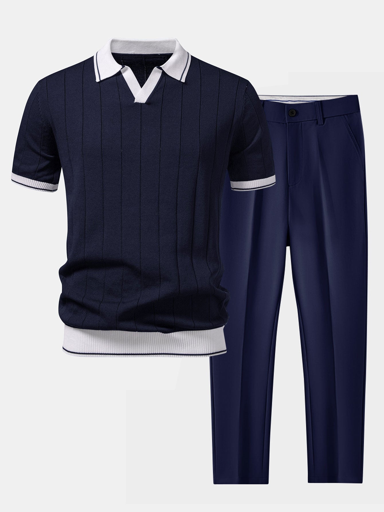 Heren Polo Korte Mouw en Getailleerde Broek Smart Casual Set met V-hals Marineblauw