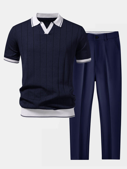 Heren Polo Korte Mouw en Getailleerde Broek Smart Casual Set met V-hals Marineblauw