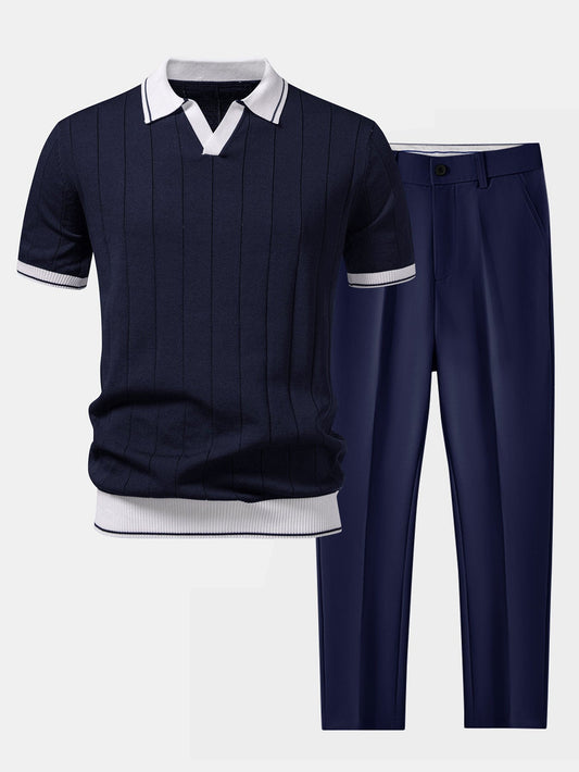 Heren Polo Korte Mouw en Getailleerde Broek Smart Casual Set met V-hals Marineblauw