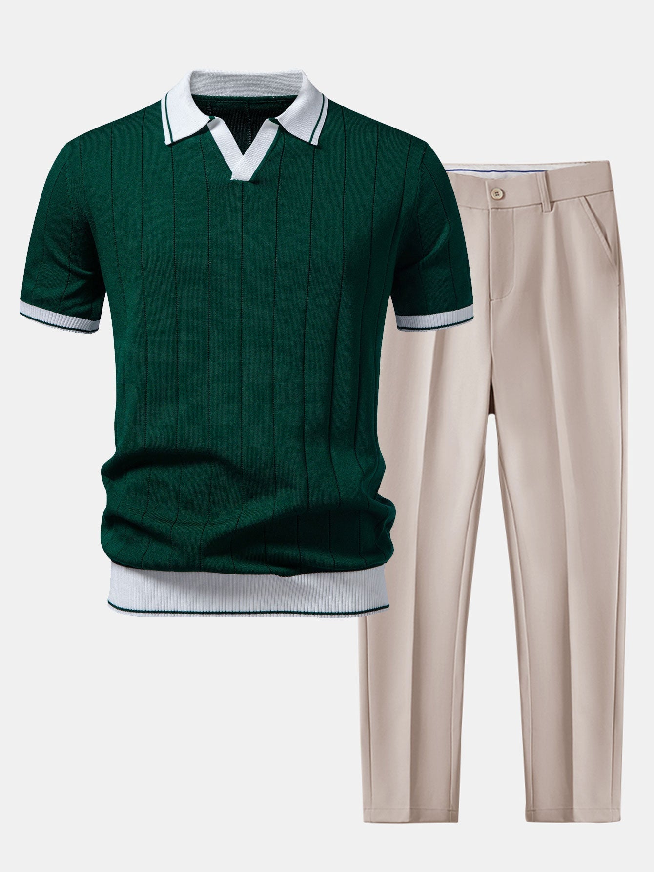 Heren Polo Korte Mouw en Getailleerde Broek Smart Casual Set met V-hals Groen