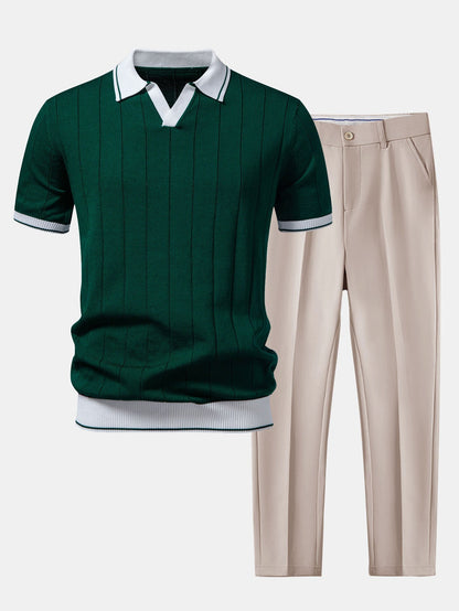 Heren Polo Korte Mouw en Getailleerde Broek Smart Casual Set met V-hals Groen