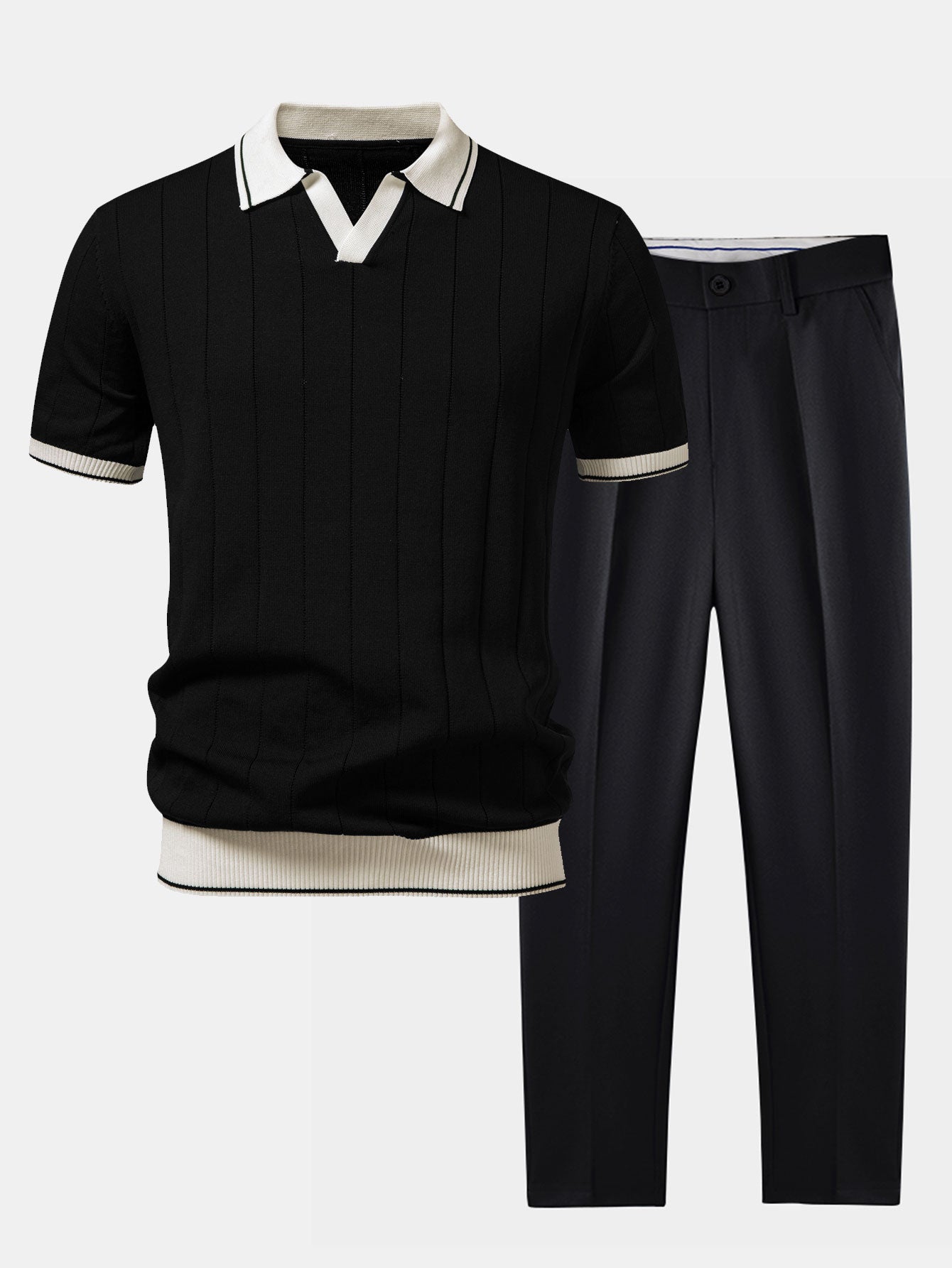 Heren Polo Korte Mouw en Getailleerde Broek Smart Casual Set met V-hals Zwart