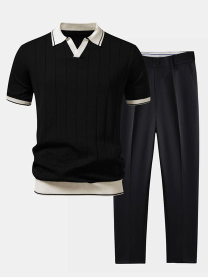 Heren Polo Korte Mouw en Getailleerde Broek Smart Casual Set met V-hals Zwart
