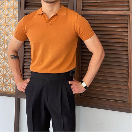 Heren Polo Korte Mouw met Open V-hals en Slim Fit Oranje