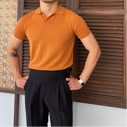 Heren Polo Korte Mouw met Open V-hals en Slim Fit Oranje