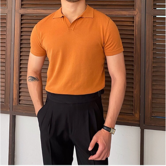 Heren Polo Korte Mouw met Open V-hals en Slim Fit