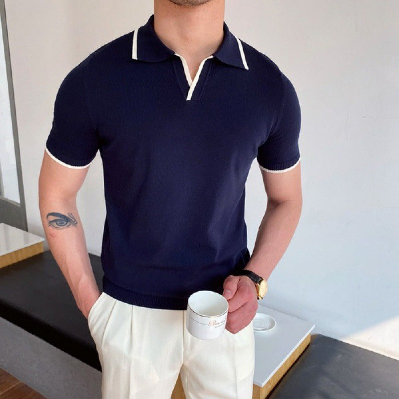 Heren Polo Korte Mouw met Open V-hals en Slim Fit Blauw Wit