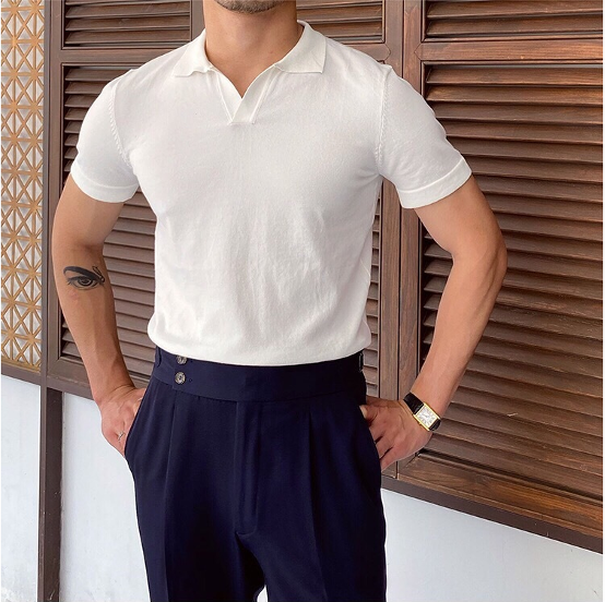Heren Polo Korte Mouw met Open V-hals en Slim Fit Wit