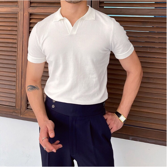 Heren Polo Korte Mouw met Open V-hals en Slim Fit