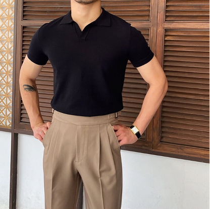 Heren Polo Korte Mouw met Open V-hals en Slim Fit Zwart