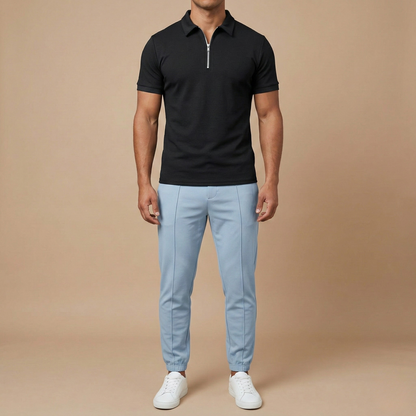 Heren Polo Korte Mouw met Rits en Slim Fit Kraag Zwart