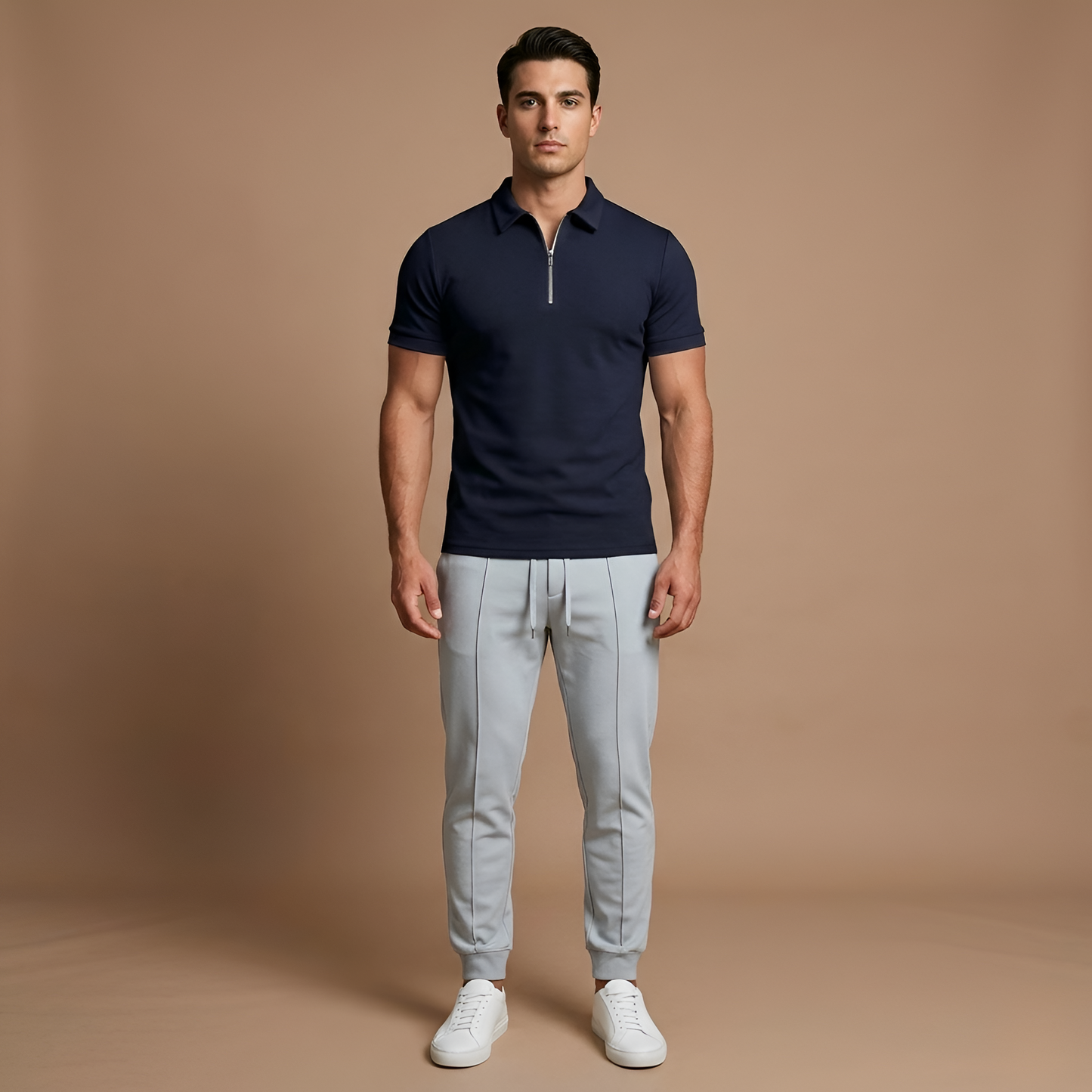 Heren Polo Korte Mouw met Rits en Slim Fit Kraag Blauw