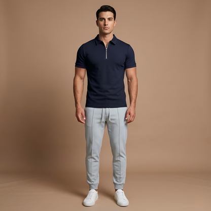 Heren Polo Korte Mouw met Rits en Slim Fit Kraag Blauw