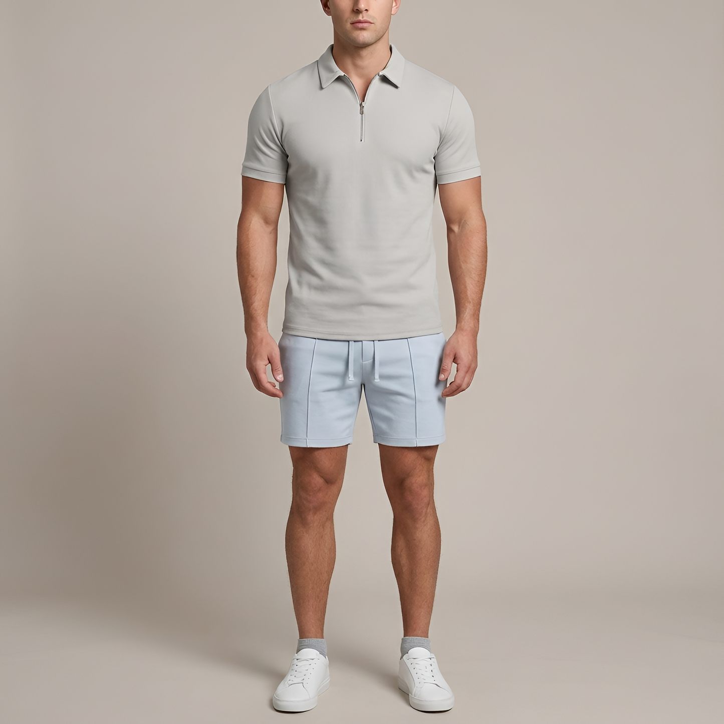 Heren Polo Korte Mouw met Rits en Slim Fit Kraag Grijs