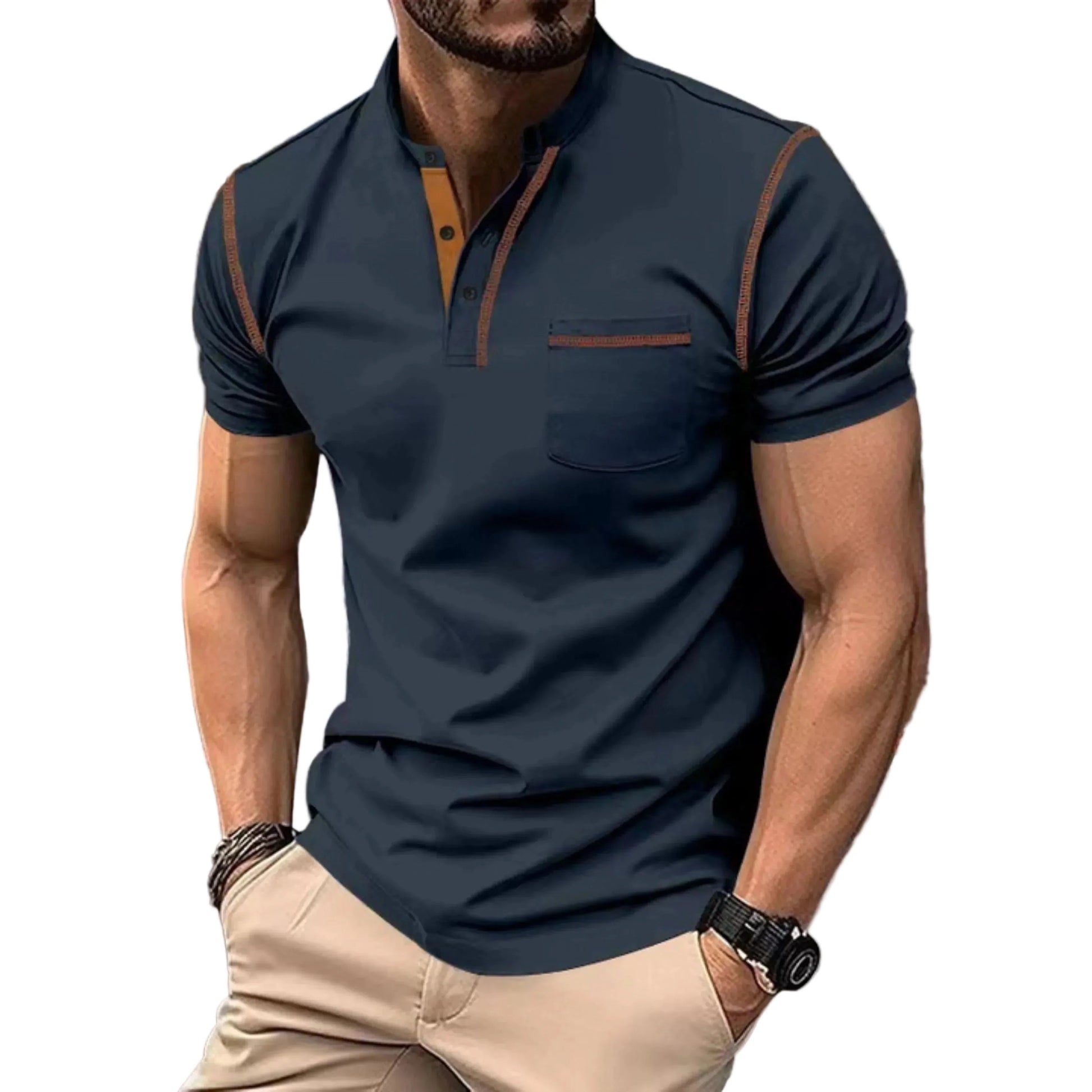 Heren polo Korte Mouw met Staande Kraag en Contrastdetails Blauw
