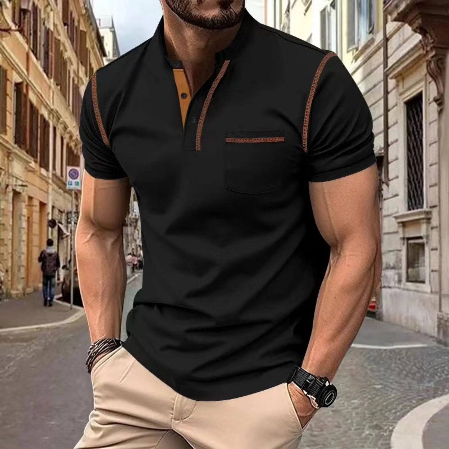 Heren polo Korte Mouw met Staande Kraag en Contrastdetails Zwart