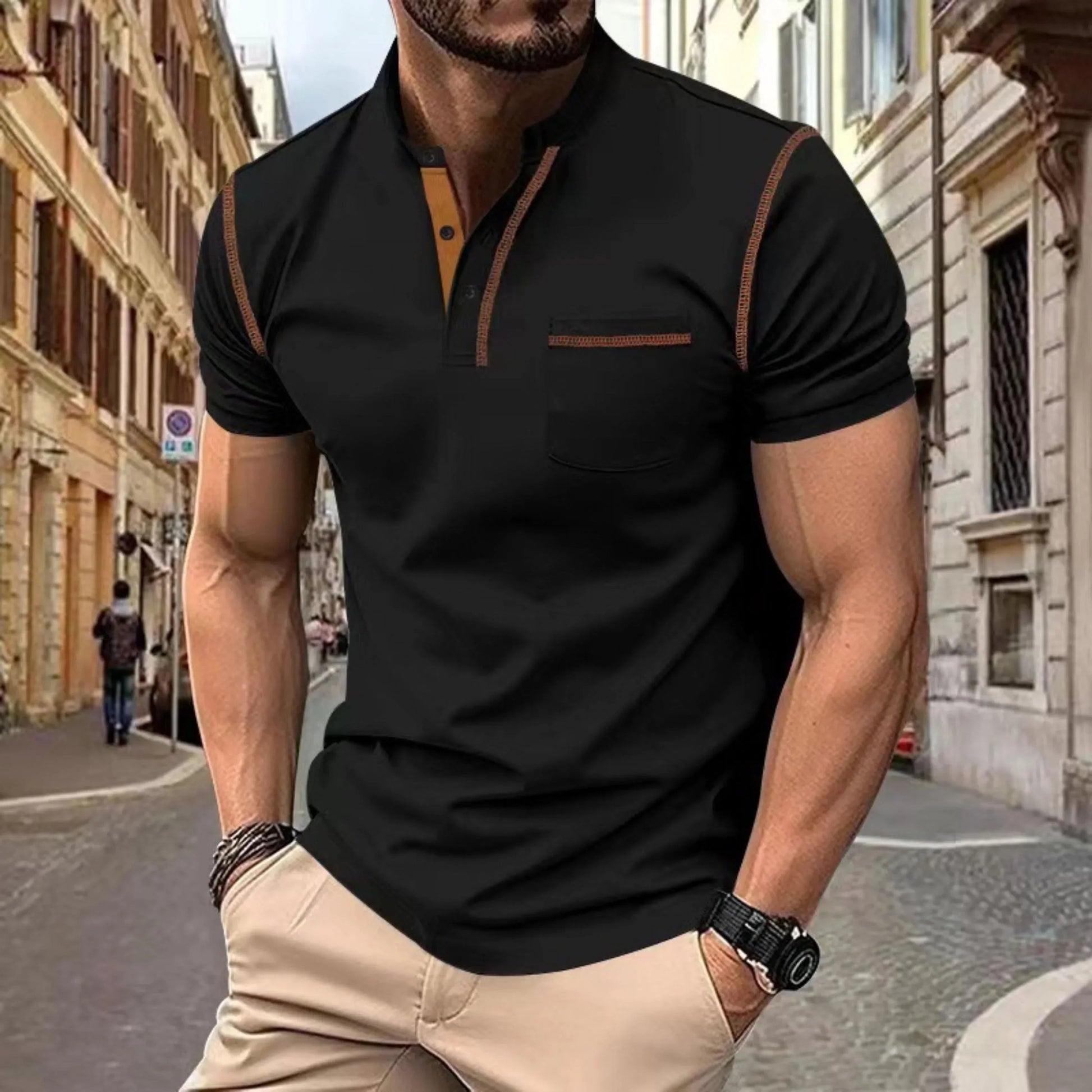 Heren polo Korte Mouw met Staande Kraag en Contrastdetails Zwart