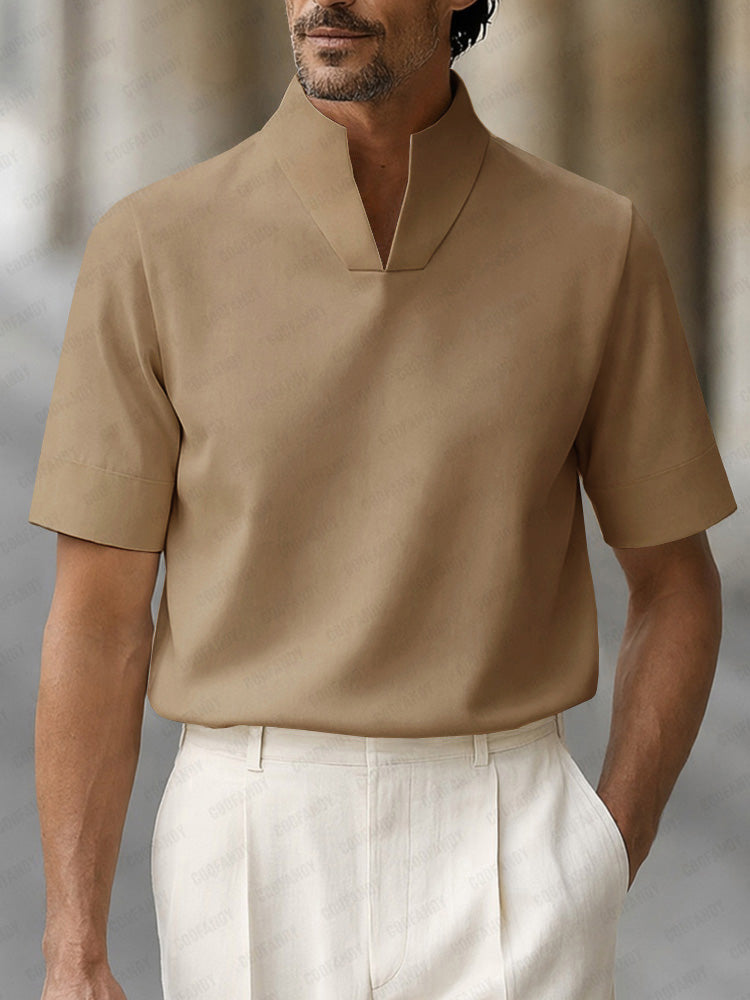 Heren Polo Korte Mouw met Staande V-hals en Regular Fit Khaki