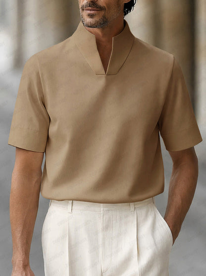 Heren Polo Korte Mouw met Staande V-hals en Regular Fit Khaki