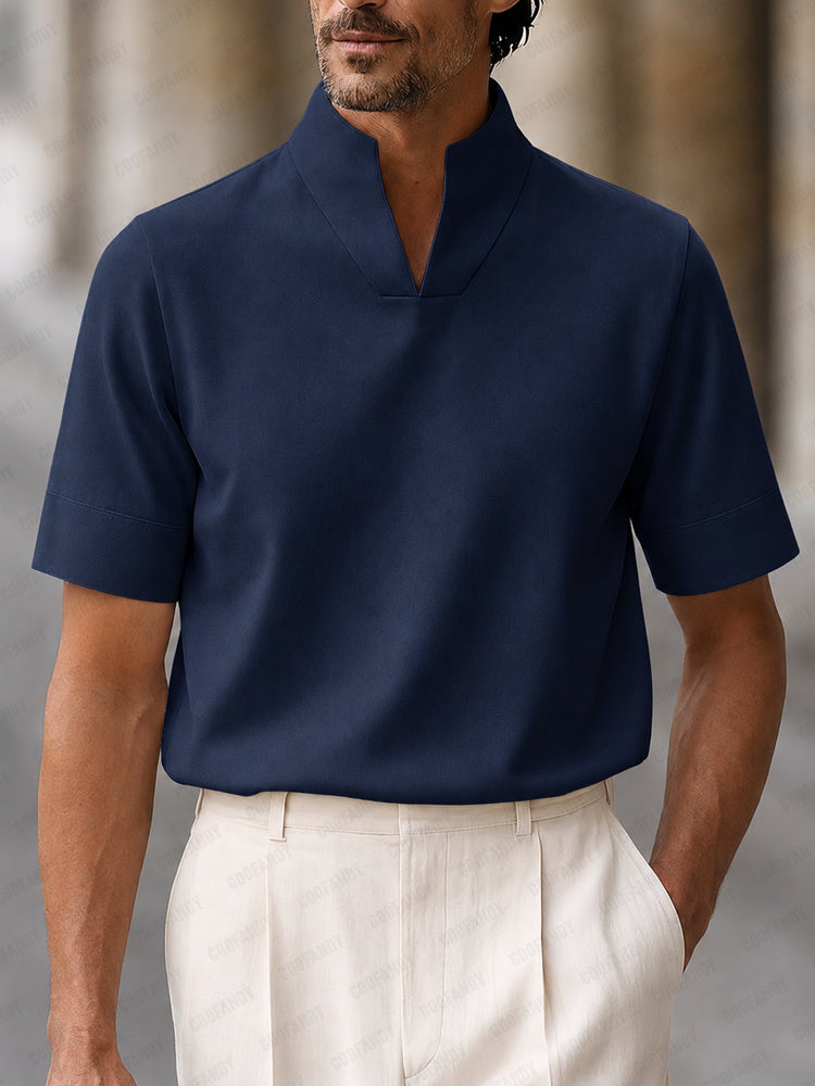 Heren Polo Korte Mouw met Staande V-hals en Regular Fit Marineblauw
