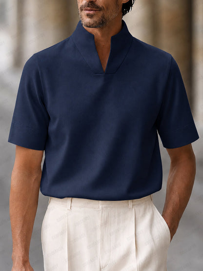 Heren Polo Korte Mouw met Staande V-hals en Regular Fit Marineblauw