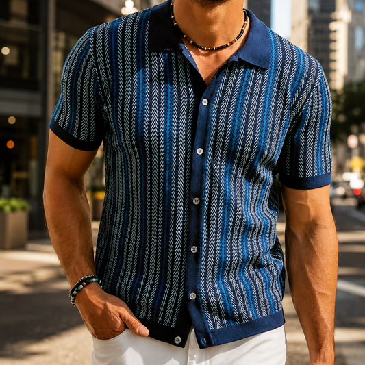 Heren Polo Korte Mouw met Verticale Strepen en Knoopsluiting Navy