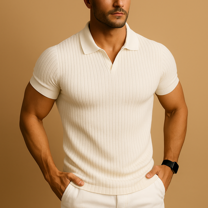 Heren Polo met Korte Mouw, Open V-hals en Slim Fit Wit
