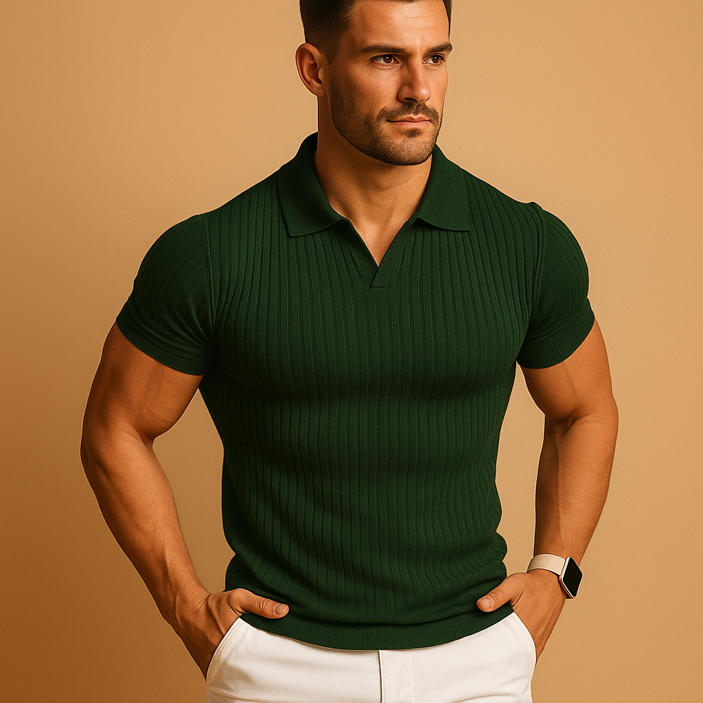 Heren Polo met Korte Mouw, Open V-hals en Slim Fit Groen