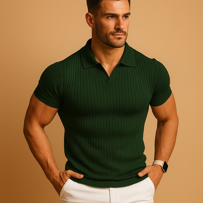 Heren Polo met Korte Mouw, Open V-hals en Slim Fit Groen