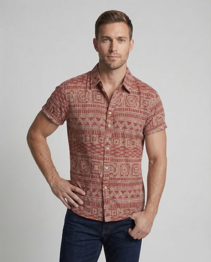 Heren Shirt Korte Mouw met Etnisch Patroon en Klassieke Kraag
