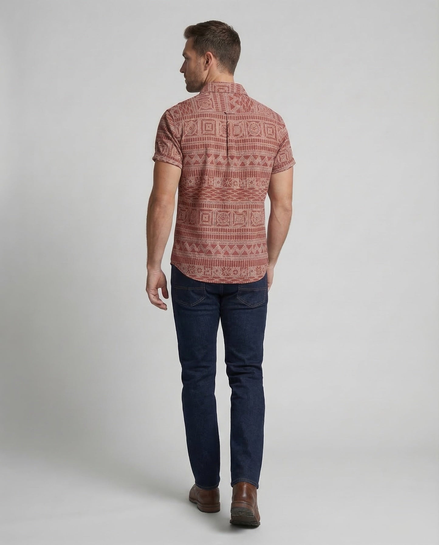 Heren Shirt Korte Mouw met Etnisch Patroon en Klassieke Kraag