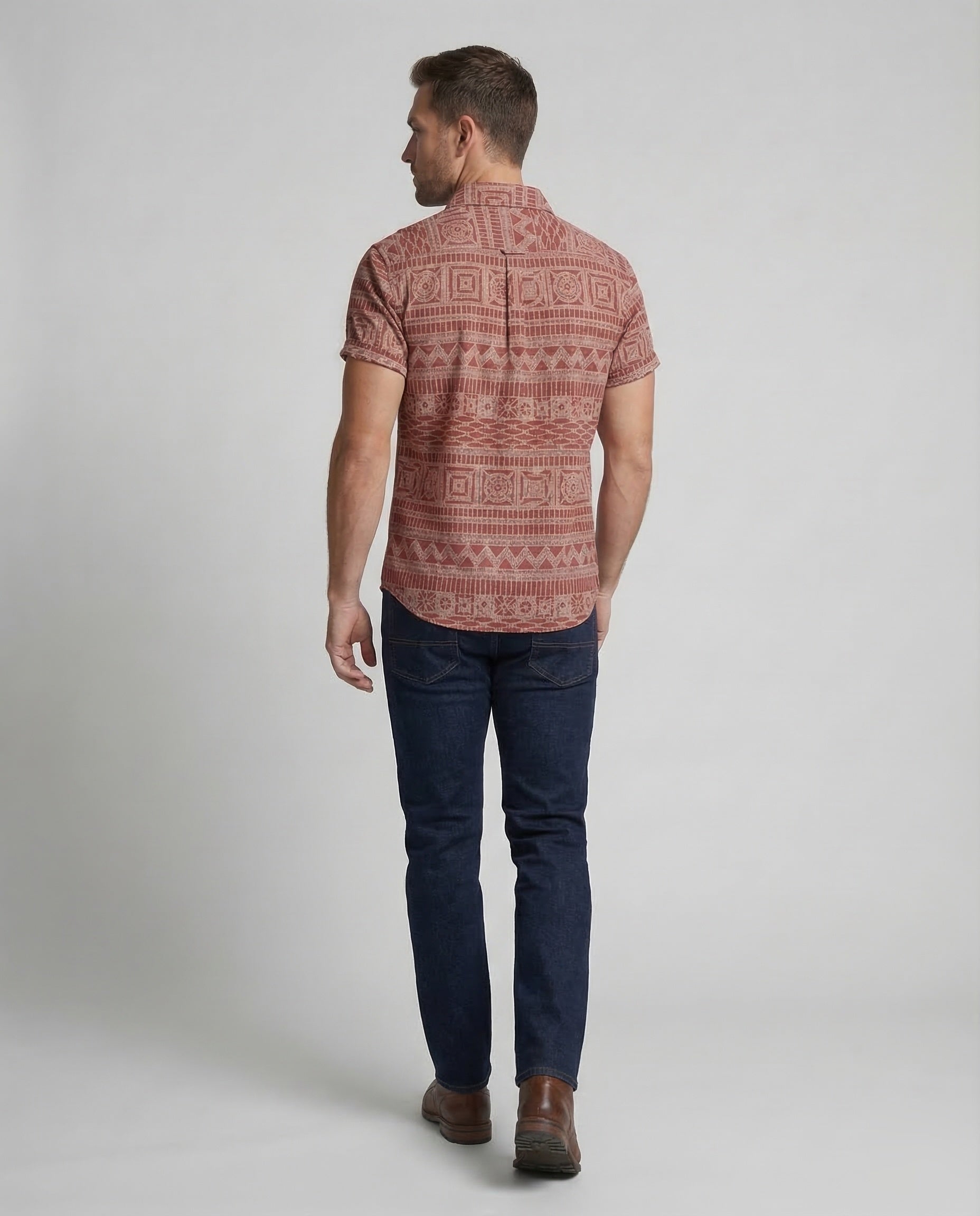 Heren Shirt Korte Mouw met Etnisch Patroon en Klassieke Kraag