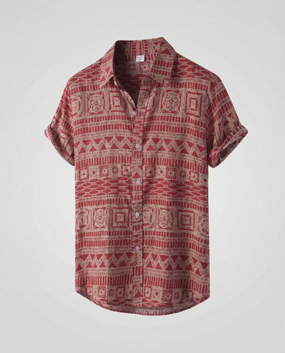 Heren Shirt Korte Mouw met Etnisch Patroon en Klassieke Kraag
