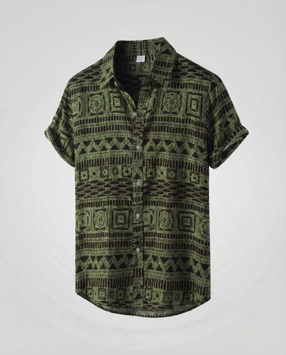 Heren Shirt Korte Mouw met Etnisch Patroon en Klassieke Kraag