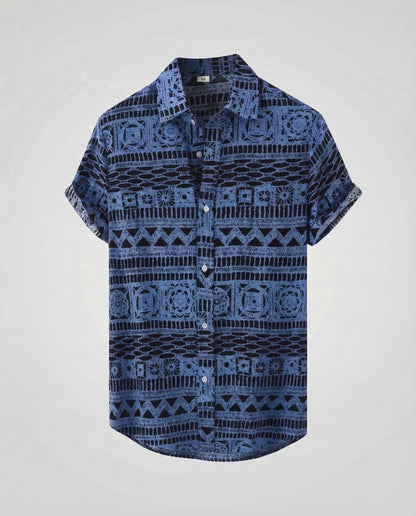 Heren Shirt Korte Mouw met Etnisch Patroon en Klassieke Kraag