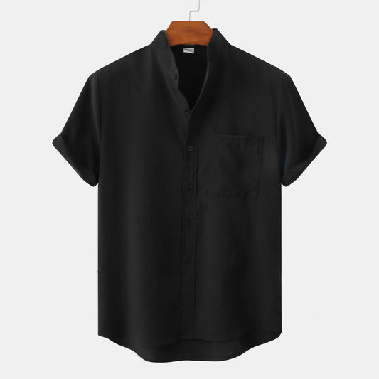 Heren Shirt Korte Mouw met Opstaande Kraag en Borstzakje Zwart