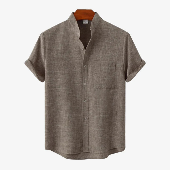 Heren Shirt Korte Mouw met Opstaande Kraag en Borstzakje Bruin