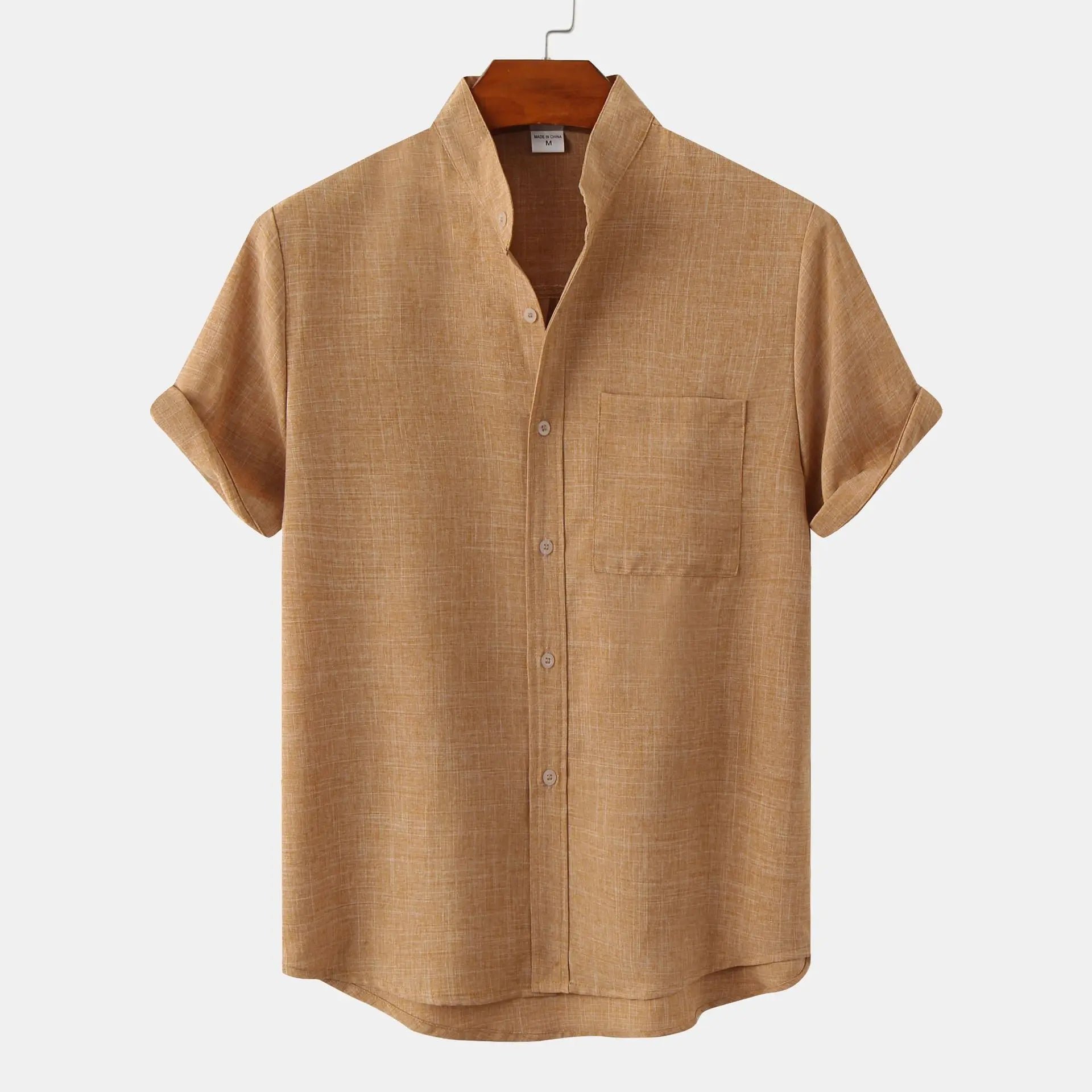 Heren Shirt Korte Mouw met Opstaande Kraag en Borstzakje Camel