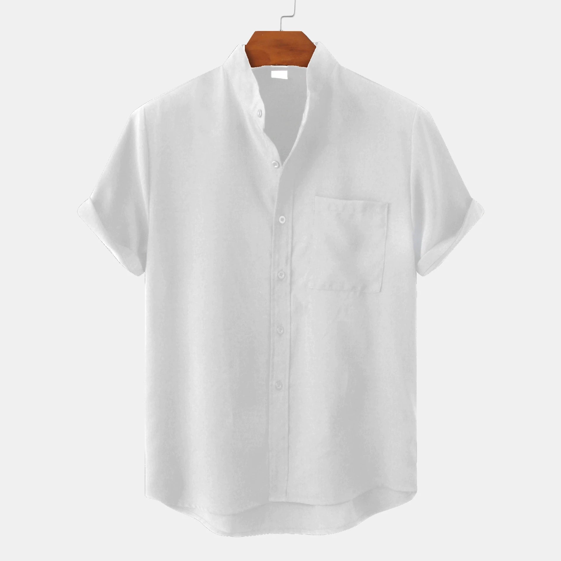 Heren Shirt Korte Mouw met Opstaande Kraag en Borstzakje Wit