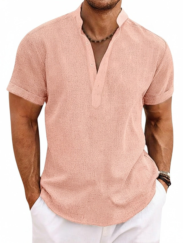 Heren Shirt Korte Mouw met Opstaande Kraag en V-hals