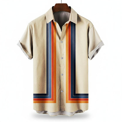 Heren Shirt Korte Mouw met Retro Strepenprint en Klassieke Kraag