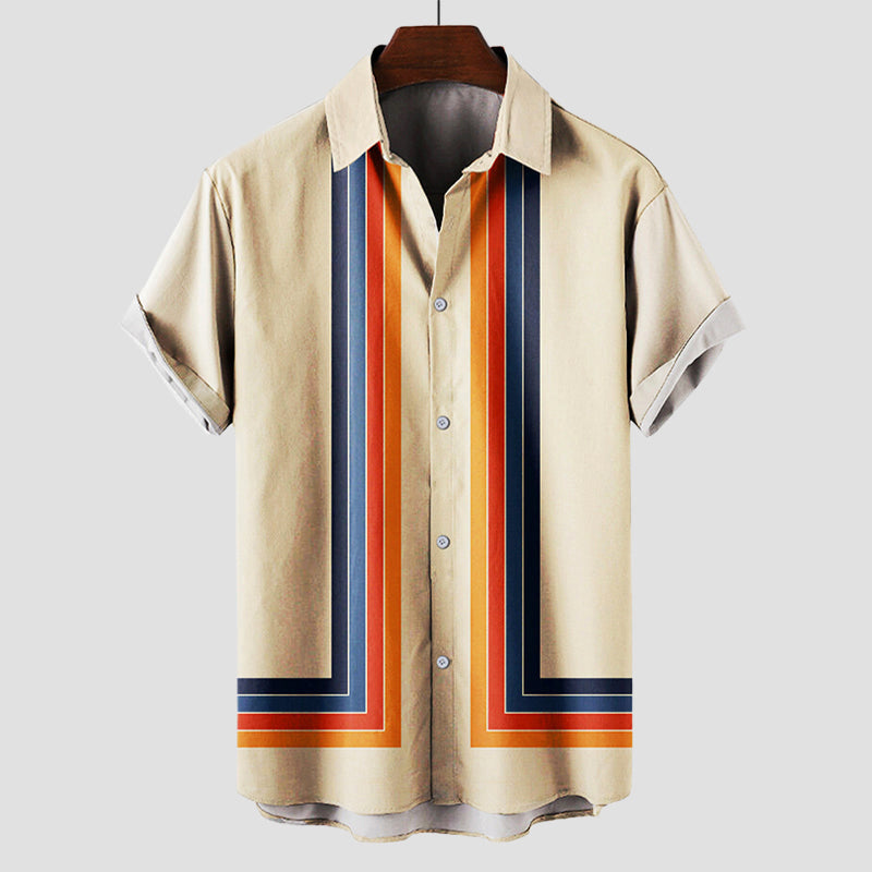 Heren Shirt Korte Mouw met Retro Strepenprint en Klassieke Kraag Beige