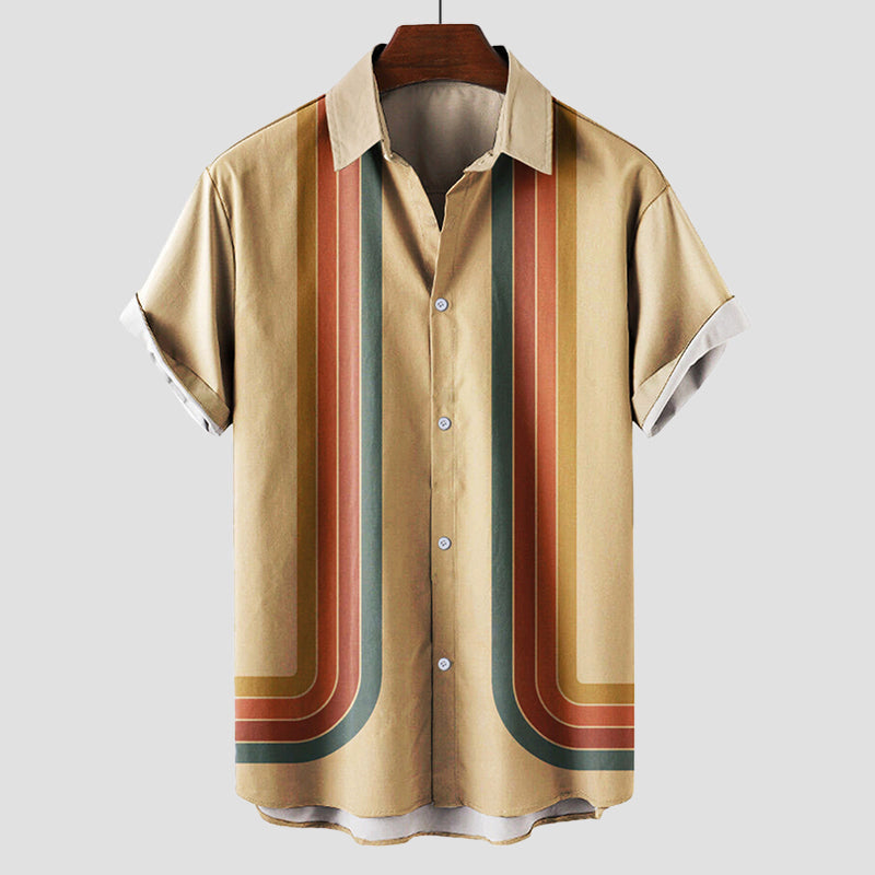 Heren Shirt Korte Mouw met Retro Strepenprint en Klassieke Kraag Khaki
