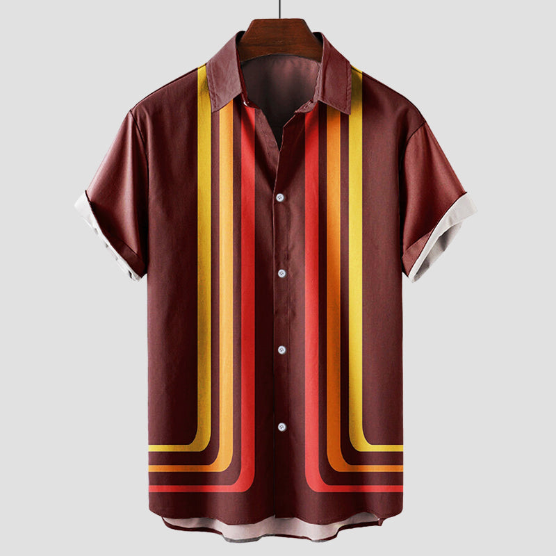 Heren Shirt Korte Mouw met Retro Strepenprint en Klassieke Kraag Bruin